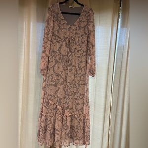 Vintage-Inspired Gray and Blush Floral Bohemian Maxi Dress - Sheer Sleeves